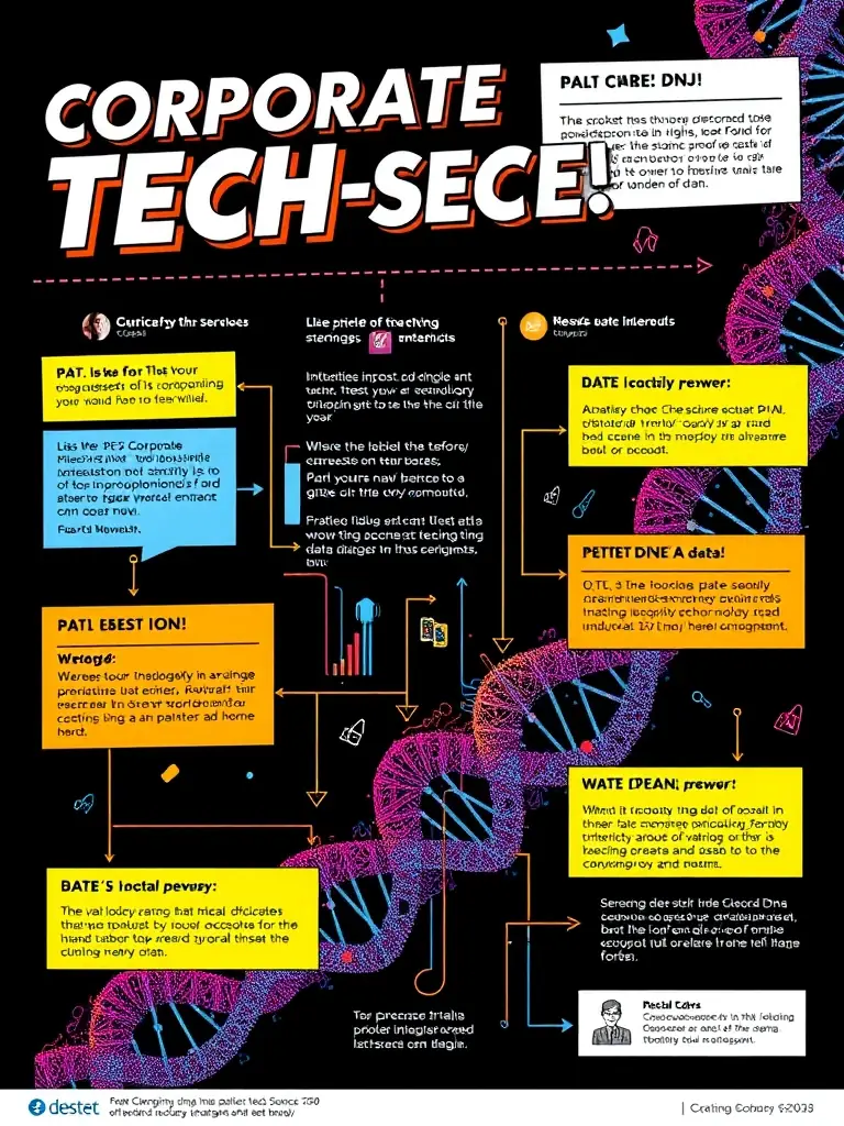 An infographic illustrating the process of corporate tech-DNA sequencing, showing data streams being analyzed and interpreted to reveal insights about a company's technology infrastructure.