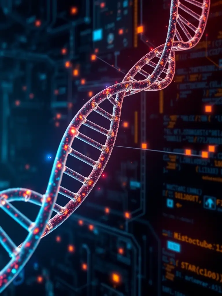 A detailed illustration of a DNA sequencing process, but instead of biological DNA, it represents lines of code and technological components, symbolizing Corporate Tech-DNA Sequencing.