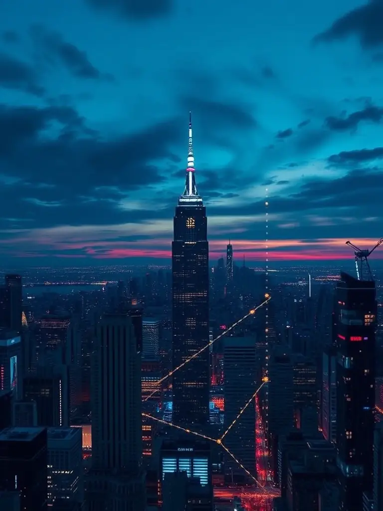 A futuristic cityscape with lines of code overlayed, representing the concept of Mutation Forecasting in the technology sector.