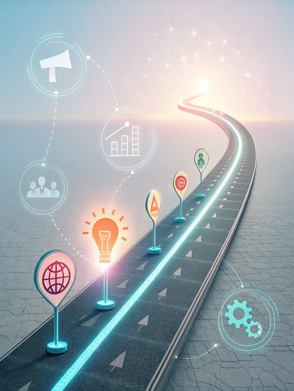 An image illustrating a roadmap with technological milestones, symbolizing the planning of technology evolution. The image should convey strategic planning and sustainable growth.