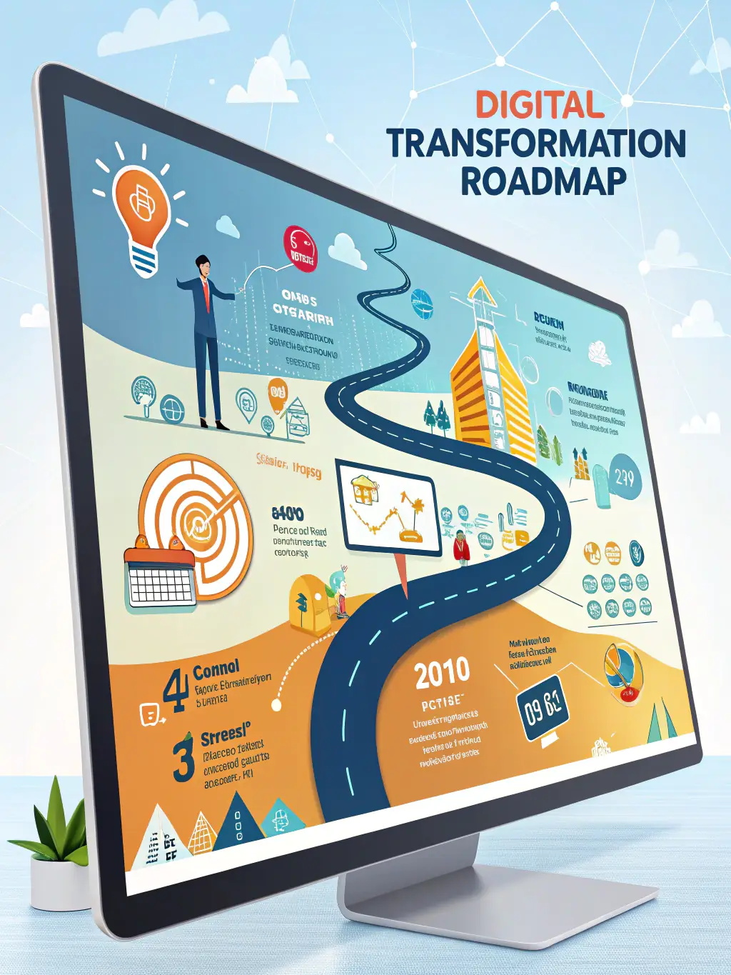 A roadmap graphic with milestones representing stages of technology evolution, set against a backdrop of interconnected digital networks.